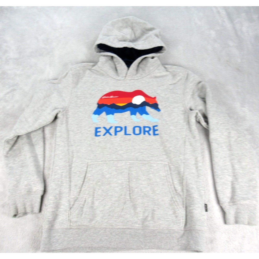 Eddie Bauer Hoodie Kids Large 14/16 Gray Explore Graphic Print Fleece Pullover